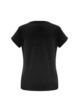 A black women's short sleeve top with a classic round neckline and a fitted silhouette. Includes a branding logo.