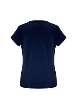 A navy short sleeve women's top with a classic round neckline and a fitted silhouette, featuring a logo.