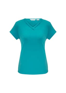 A teal women's short sleeve top with a v-neck design and a logo on the label.