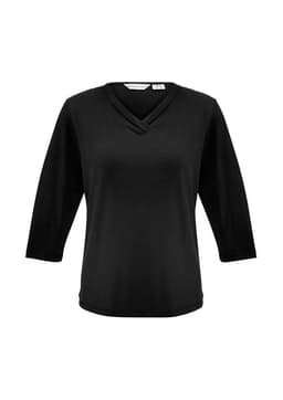 A black women's 3/4 sleeve top featuring a unique crossover neckline and a subtle logo.