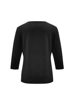 A black women's top with 3/4 sleeves, featuring a simple and sleek back design. It has a logo.