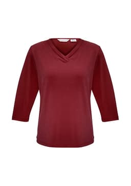 A burgundy women's 3/4 sleeve top featuring a crossover neckline and a branded label.