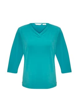 A women's top in teal with a v-neck and 3/4 sleeves, featuring a logo on the label.