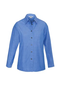 A women's long sleeve shirt in blue chambray fabric, featuring a button-up front and a single chest pocket.