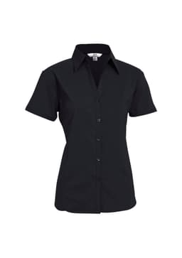 A black short sleeve button-up shirt with a collared neck and a logo on the design.