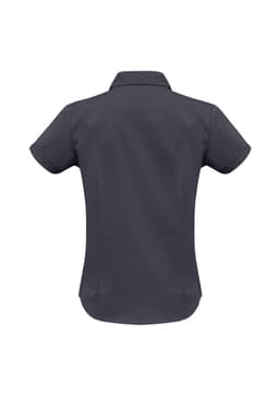 A women's short sleeve button-up shirt in dark grey with a fitted design and a collar. It features a logo.