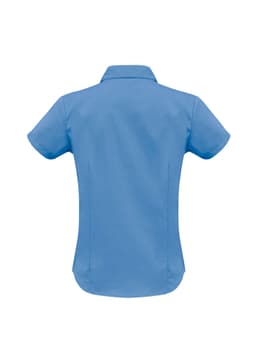 A blue women's button-up shirt with short sleeves, featuring a collar and a plain back design.