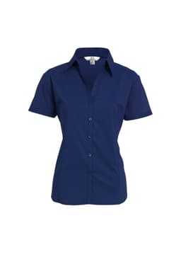 A navy blue women's short sleeve button-up shirt with a collared neckline and buttons down the front.