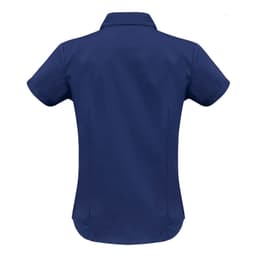 A women's button-up short sleeve shirt in navy blue, featuring a classic collar and a fitted design.