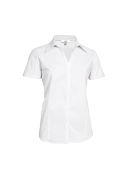 A women's short sleeve button-up shirt in white with a tailored fit and a collar. Features a logo.