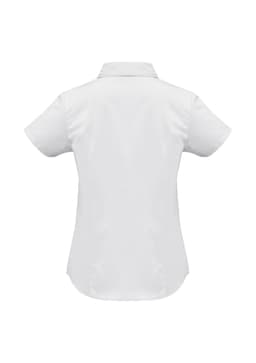 A white women's short sleeve button-up shirt with a collar and a logo on the back.