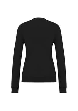 A black Women's V-Neck Knit Pullover featuring long sleeves and a fitted design, with a visible logo on the back.
