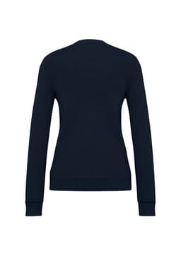 A navy women's V-neck knit pullover with long sleeves and a fitted silhouette, featuring a solid design.