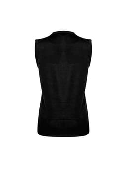 A black sleeveless vest with a textured finish, featuring a simple design and a logo.