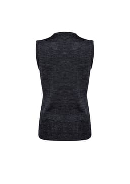 A sleeveless dark grey women's vest with a textured design and a back view. Features a branding logo.
