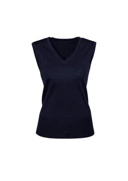A navy women's vest with a V-neck and sleeveless design, featuring a fitted ribbed hem and a logo.