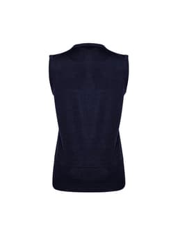 A navy women's vest with a sleeveless design and ribbed detail at the hem, featuring a branding logo.
