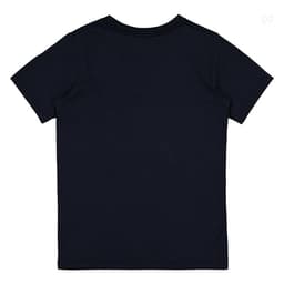 A navy blue short sleeve t-shirt featuring a logo on the back. Ideal for kids' casual wear.