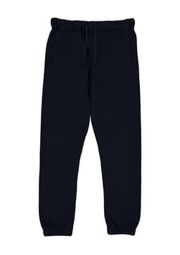 A pair of navy track pants featuring an elastic waistband and cuffs, with pockets on the sides and a logo.