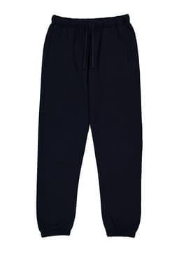 Navy women's track pants with an elastic waistband and cuffs, featuring two side pockets and a logo.