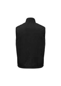 A unisex reversible fleece vest in black, featuring a simple design and a logo on the back.