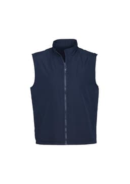 A unisex reversible fleece vest in navy blue featuring a front zipper and no sleeves. Includes a logo.