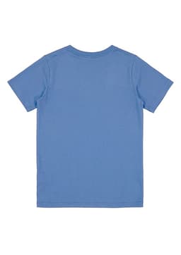 A blue short sleeve tee for kids, featuring a plain back and a subtle logo.