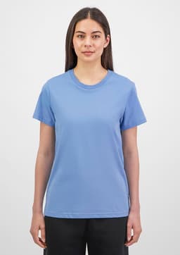 A women's short sleeve tee in a soft blue colour, featuring a crew neck and a fitted style. It has a logo on the sleeve.