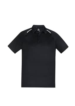 A black men's short sleeve polo shirt featuring shoulder accents and a logo.