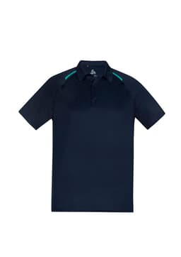 A navy short sleeve polo shirt featuring contrasting green accents and a logo on the chest.