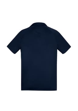 A navy short sleeve polo shirt with a standard collar and a logo on the chest. Suitable for casual wear.
