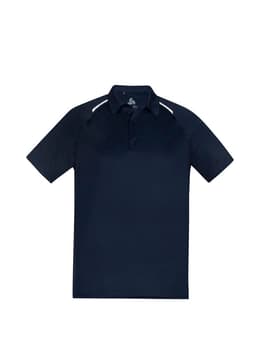 A navy blue short sleeve polo shirt featuring a logo and contrasting trim.