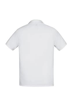 A white short sleeve polo shirt with a back view, featuring a logo. Ideal for casual wear.