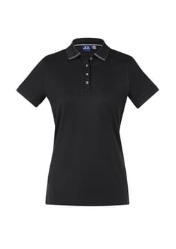 A black women's short sleeve polo shirt with a collar and a logo. It features button detailing and contrasting trim.