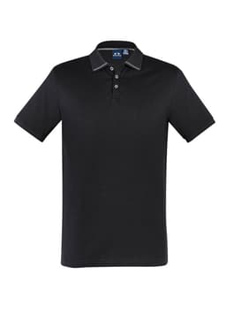 A black short sleeve polo shirt with a contrasting collar and a logo on the chest.