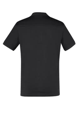 A black short sleeve polo shirt featuring a simple design and a logo on the front.