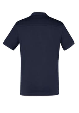 A navy blue short sleeve polo shirt featuring a collar and a logo.