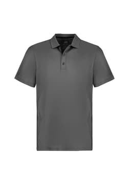 A grey short sleeve polo shirt with a collar and branding on the sleeve.