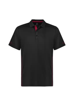 A black short sleeve polo shirt with red detailing and a logo. Features a classic collar and a straight-cut design.
