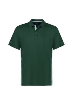 A green kids' short sleeve polo shirt with a branding logo and contrasting details along the sides.