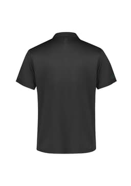 A black short sleeve polo shirt featuring a subtle pattern on the back and branding on the sleeves.