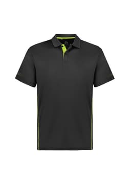 A black polo shirt with green accents and a logo, featuring short sleeves and a collared neckline.
