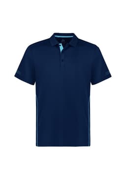 A navy blue kids' polo shirt with short sleeves and light blue accents, featuring a logo on the chest.