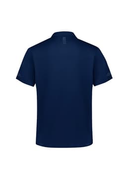 A navy blue men's polo shirt with short sleeves featuring a logo and decorative detailing on the back and sleeves.