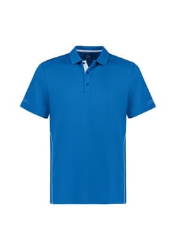A blue short sleeve polo shirt featuring a collar and a logo. It has contrasting details along the sides.
