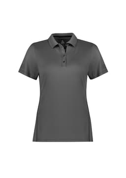A women's short sleeve polo shirt in dark grey with a logo on the chest and subtle detailing on the sleeves.