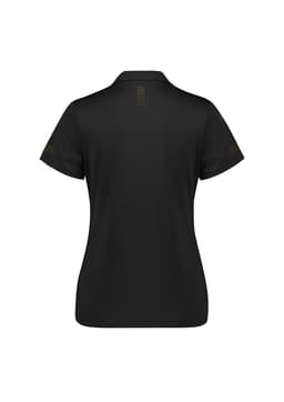 A black women's short sleeve polo shirt with a branded logo, featuring decorative detailing on the sleeves.