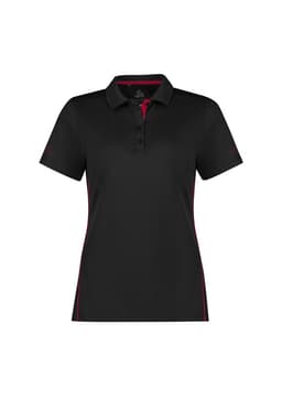 A women's short sleeve polo shirt in black with red accents, featuring a collar and a logo.