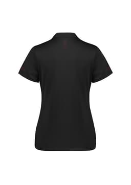 A black women's polo shirt with short sleeves, featuring a subtle logo and details on the back and sleeves.