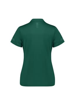 A women's short sleeve polo shirt in dark green, featuring a logo and decorative details on the sleeves.